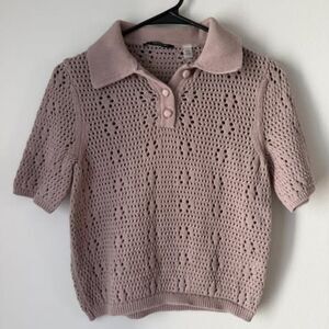 T Tahari Brown Knit Collared Blouse Size Medium